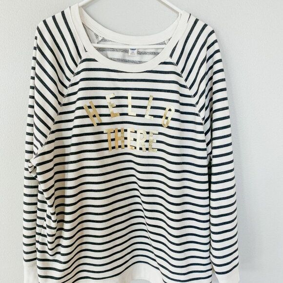 Old Navy XXL Crewneck Sweatshirt Black Cream Gold Stripe "Hello There" - Picture 2 of 5